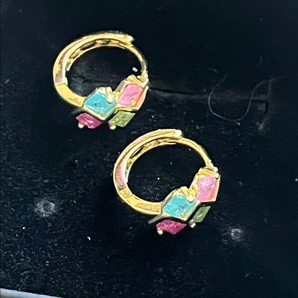 Girls cute Multicolor Gemstone Gold Small Hoop Earrings